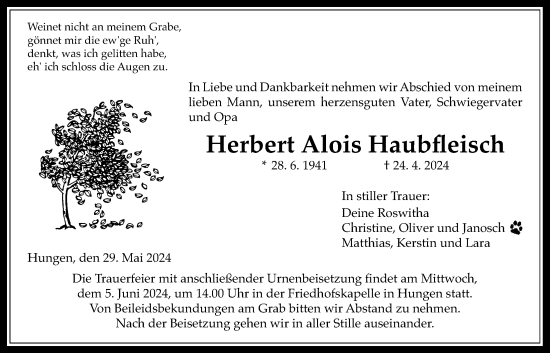 Traueranzeige von Herbert Alois Haubfleisch von Licher Wochenblatt