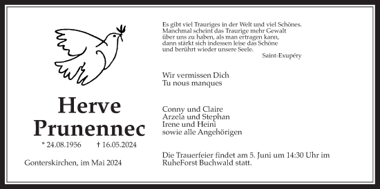 Traueranzeige von Herve Prunennec von Giessener Allgemeine, Alsfelder Allgemeine, Laubacher Anzeiger