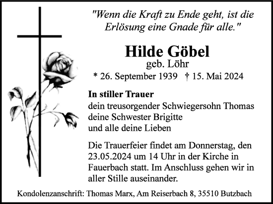 Traueranzeige von Hilde Göbel von Butzbacher Zeitung