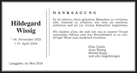 Traueranzeige von Hildegard Wissig von Giessener Anzeiger, Giessener Allgemeine, Alsfelder Allgemeine
