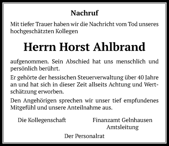 Traueranzeige von Horst Ahlbrand von Kreis-Anzeiger