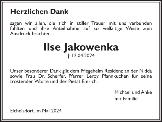 Traueranzeige von Ilse Jakowenka von Kreis-Anzeiger