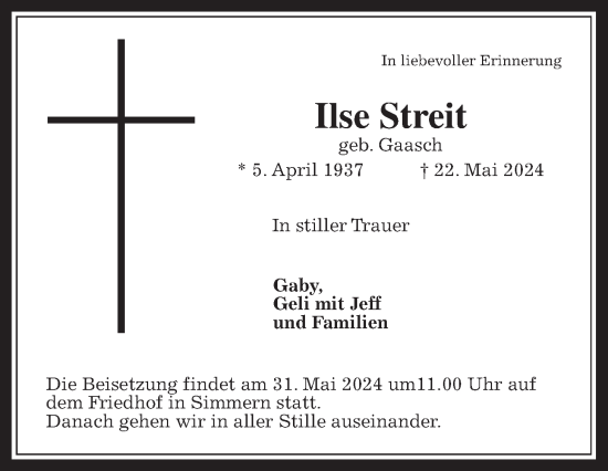Traueranzeige von Ilse Streit von Giessener Allgemeine, Alsfelder Allgemeine