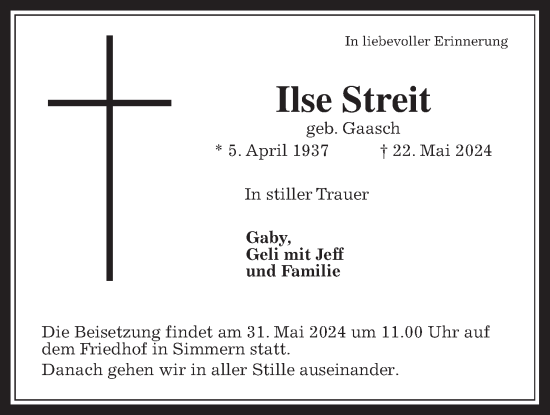 Traueranzeige von Ilse Streit von Giessener Allgemeine, Alsfelder Allgemeine