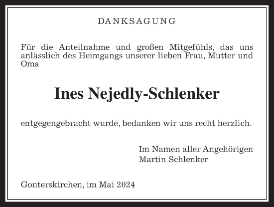 Traueranzeige von Ines Nejedly-Schlenker von Laubacher Anzeiger