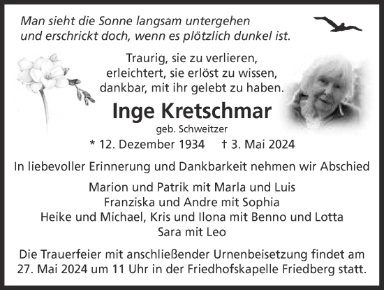 Traueranzeige von Inge Kretschmar von Wetterauer Zeitung