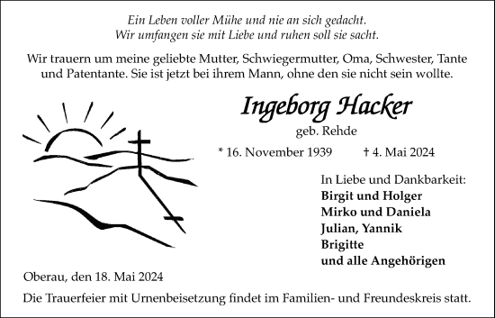 Traueranzeige von Ingeborg Hacker 