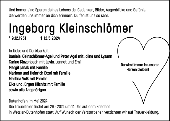 Traueranzeige von Ingeborg Kleinschlömer von Giessener Anzeiger