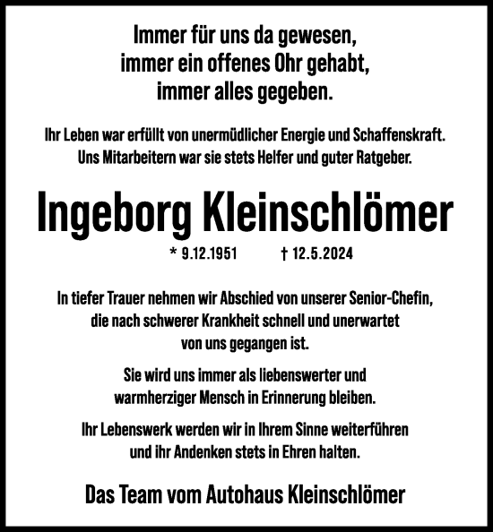 Traueranzeige von Ingeborg Kleinschlömer von Giessener Anzeiger