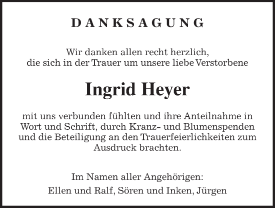 Traueranzeige von Ingrid Heyer von Kreis-Anzeiger