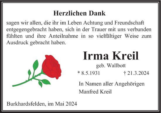 Traueranzeige von Irma Kreil von Giessener Allgemeine, Alsfelder Allgemeine