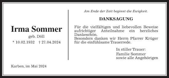 Traueranzeige von Irma Sommer von Wetterauer Zeitung