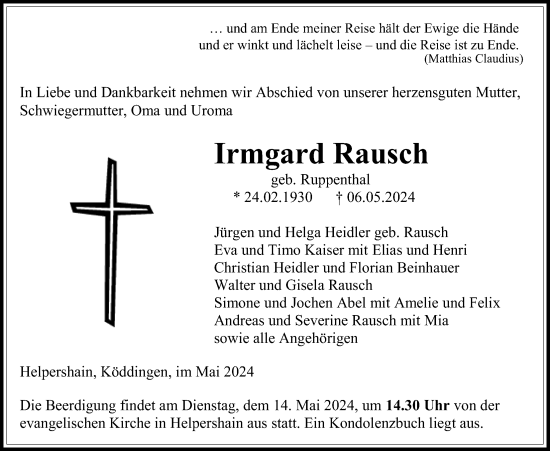 Traueranzeige von Irmgard Rausch von Lauterbacher Anzeiger, Oberhessische Zeitung