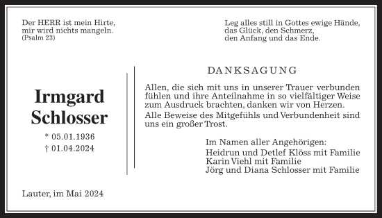 Traueranzeige von Irmgard Schlosser von Laubacher Anzeiger