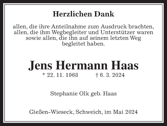 Traueranzeige von Jens Hermann Haas von Giessener Allgemeine, Alsfelder Allgemeine, Giessener Anzeiger