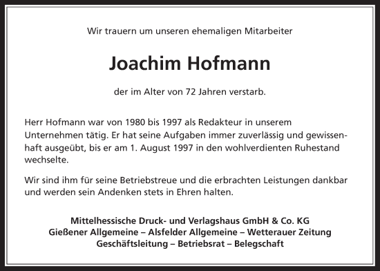 Traueranzeige von Joachim Hofmann von Giessener Allgemeine, Alsfelder Allgemeine
