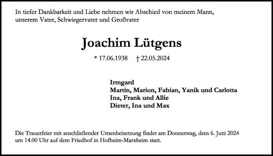 Traueranzeige von Joachim Lütgens 