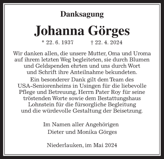 Traueranzeige von Johanna Görges von Usinger Anzeiger, Usinger Anzeigenblatt