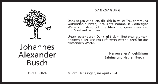 Traueranzeige von Johannes Alexander Busch von Mücker Stimme