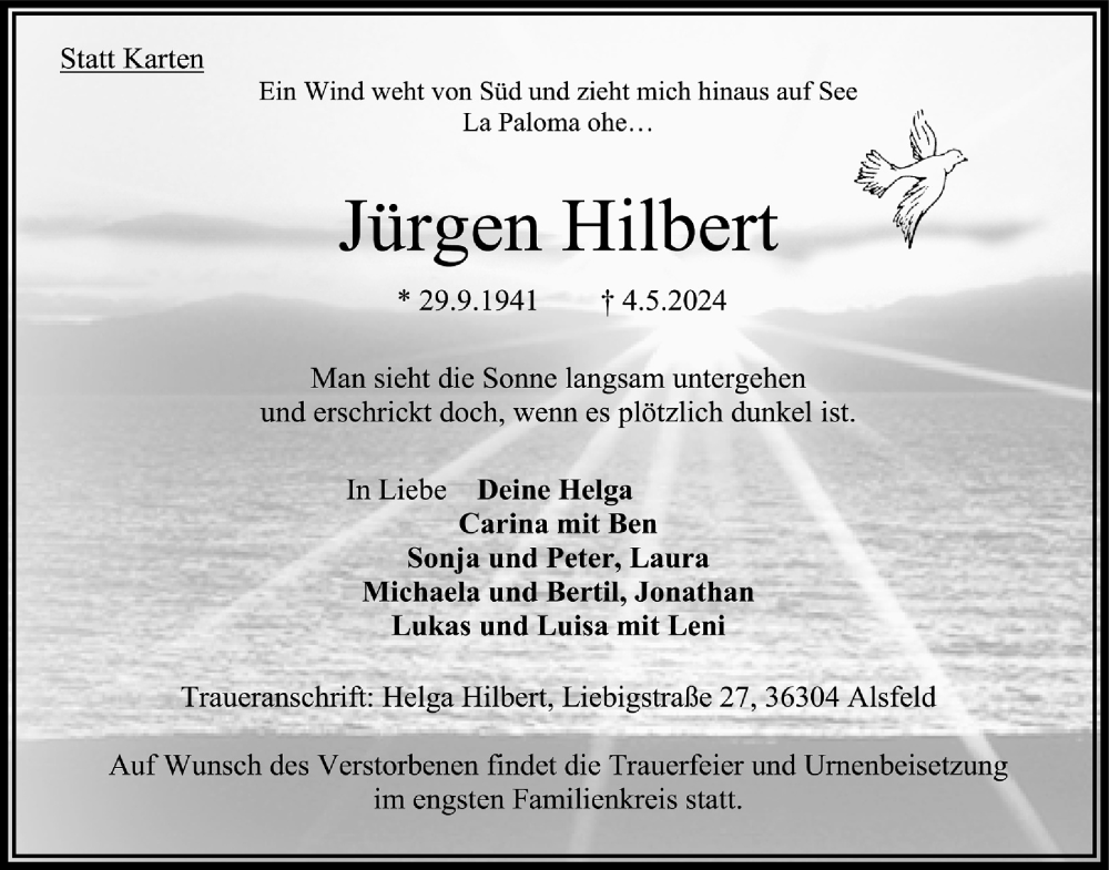  Traueranzeige für Jürgen Hilbert vom 11.05.2024 aus Oberhessische Zeitung