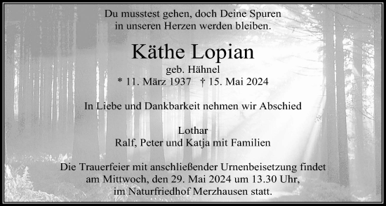 Traueranzeige von Käthe Lopian von Usinger Anzeiger