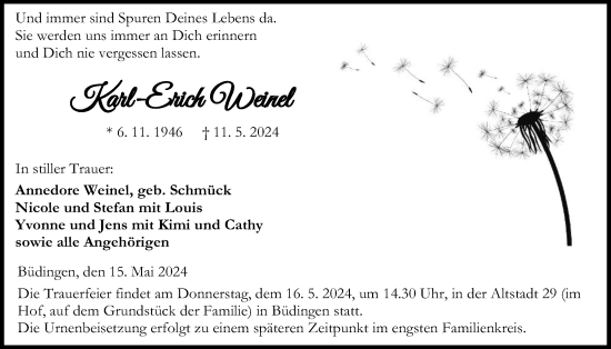 Traueranzeige von Karl-Erich Weinel von Kreis-Anzeiger