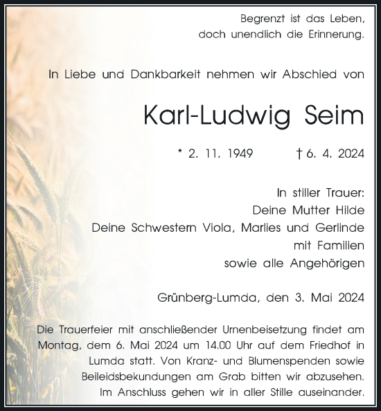 Traueranzeige von Karl-Ludwig Seim von Giessener Allgemeine, Alsfelder Allgemeine