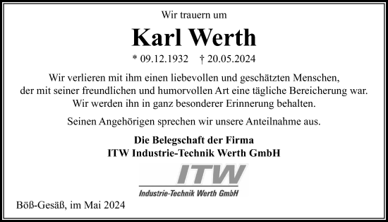 Traueranzeige von Karl Werth von Kreis-Anzeiger