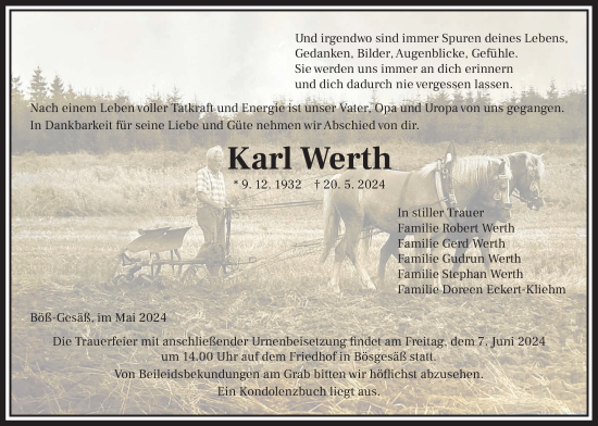Traueranzeige von Karl Werth von Kreis-Anzeiger