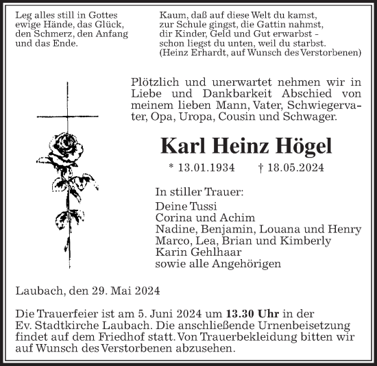Traueranzeige von Karl Heinz Högel von Laubacher Anzeiger