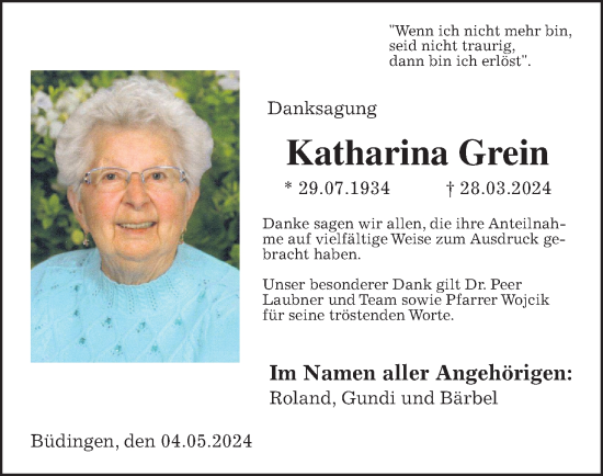 Traueranzeige von Katharina Grein von Kreis-Anzeiger