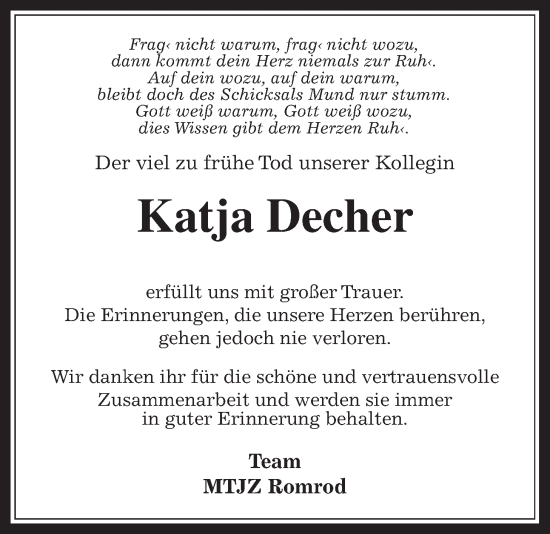 Traueranzeige von Katja Decher von Oberhessische Zeitung
