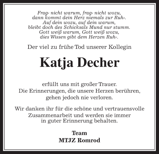 Traueranzeige von Kati Decher von Oberhessische Zeitung
