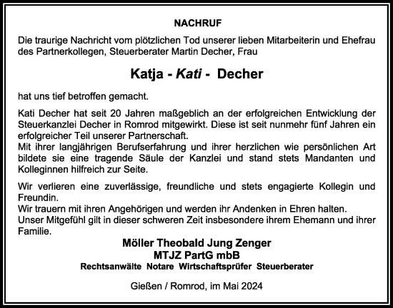 Traueranzeige von Kati Decher von Oberhessische Zeitung