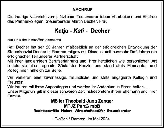 Traueranzeige von Katja Decher von Oberhessische Zeitung