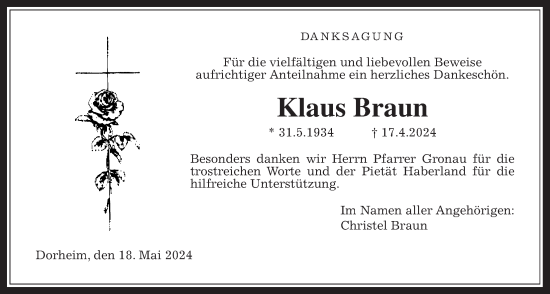 Traueranzeige von Klaus Braun von Wetterauer Zeitung