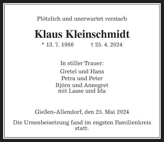 Traueranzeige von Klaus Kleinschmidt von Giessener Allgemeine, Alsfelder Allgemeine