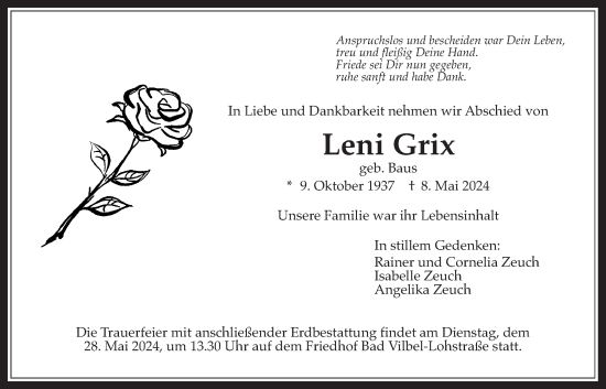Traueranzeige von Leni Grix von Bad Vilbel/Karben