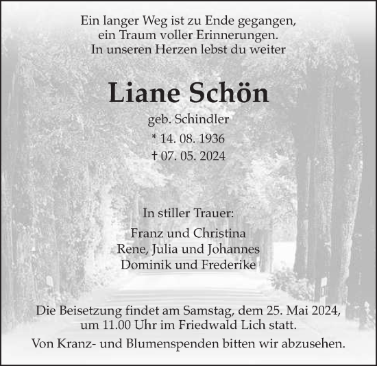 Traueranzeige von Liane Schön von Licher Wochenblatt