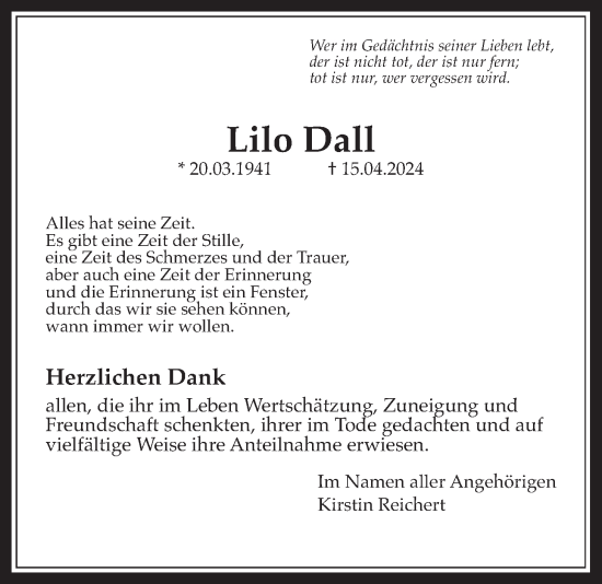 Traueranzeige von Lilo Dall von Wetterauer Zeitung