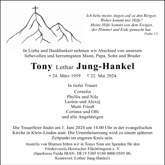 Traueranzeige von Lothar Jung-Hankel von Giessener Anzeiger, Giessener Allgemeine, Alsfelder Allgemeine, Butzbacher Zeitung