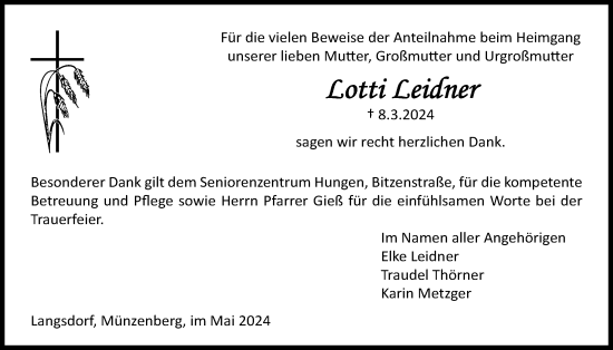 Traueranzeige von Lotti Leidner von Licher Wochenblatt