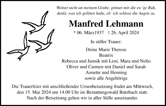 Traueranzeige von Manfred Lehmann von Butzbacher Zeitung