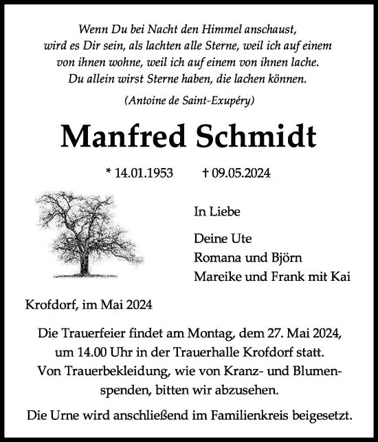 Traueranzeige von Manfred Schmidt von Giessener Anzeiger