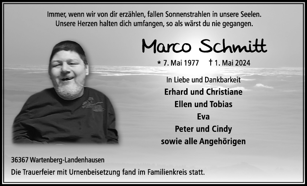  Traueranzeige für Marco Schmitt vom 11.05.2024 aus Lauterbacher Anzeiger