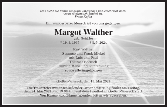 Traueranzeige von Margot Walther von Giessener Allgemeine, Alsfelder Allgemeine, Giessener Anzeiger