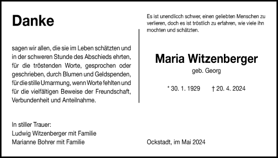 Traueranzeige von Maria Witzenberger von Wetterauer Zeitung