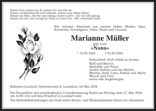 Traueranzeige von Marianne Müller von Rabenauer Zeitung