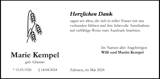 Traueranzeige von Marie Kempel von Lauterbacher Anzeiger