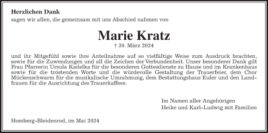 Traueranzeige von Marie Kratz von Giessener Allgemeine, Alsfelder Allgemeine